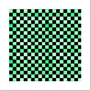 Black and Neon Green Checkered Wood Pattern Posters and Art